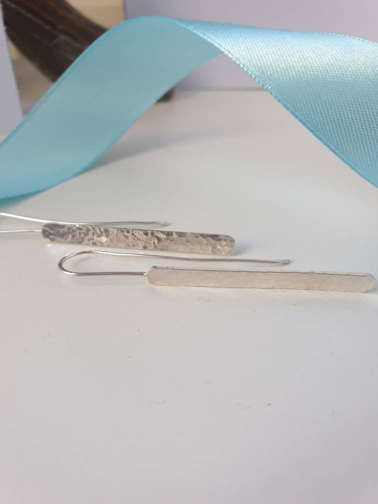 Hammered Silver Long Drop Earrings