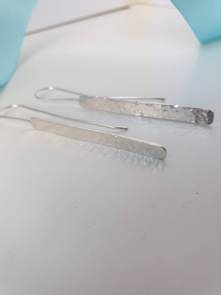 Hammered Silver Long Drop Earrings