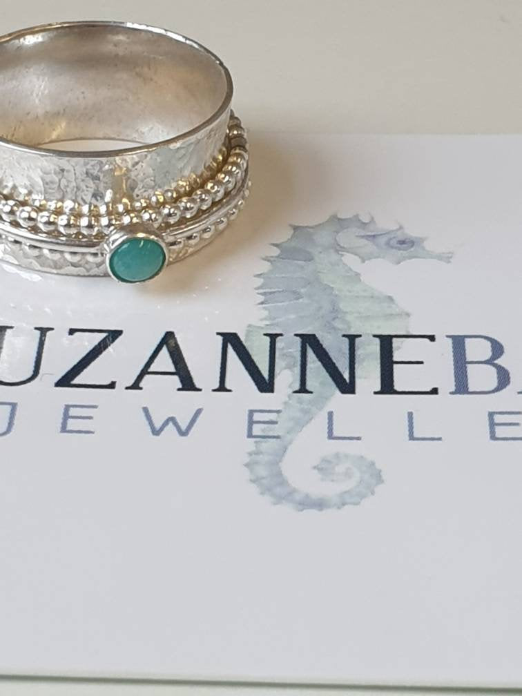 Sterling silver hammered amazonite beaded wire spinner ring