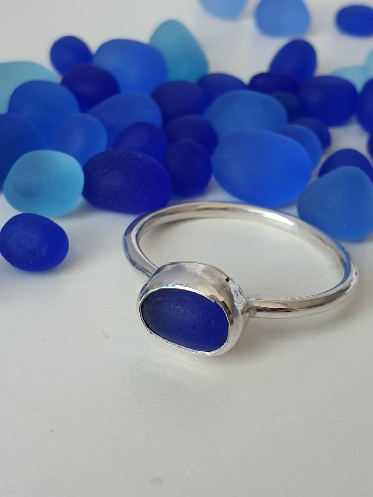 Sterling Silver Seaglass Ring, Colbolt Blue, Blue Seaglass, Seaglass Ring, Blue glass, Beach Jewellery