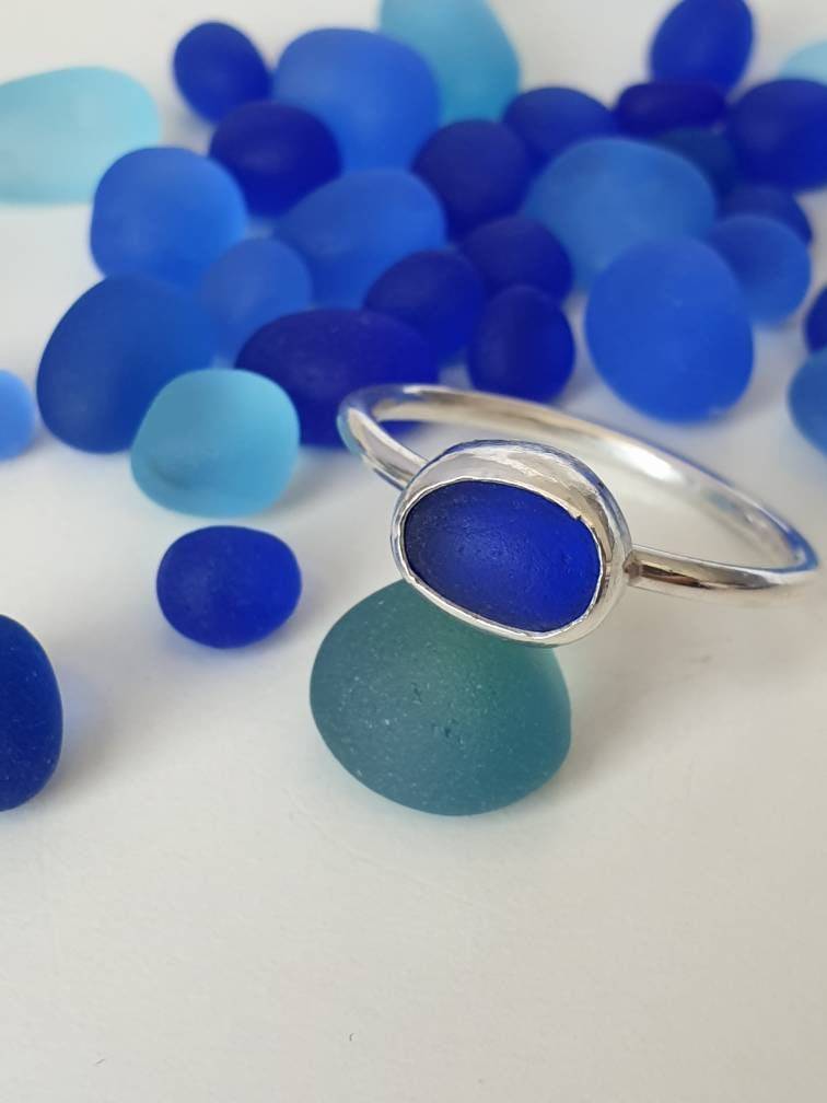 Sterling Silver Seaglass Ring, Colbolt Blue, Blue Seaglass, Seaglass Ring, Blue glass, Beach Jewellery