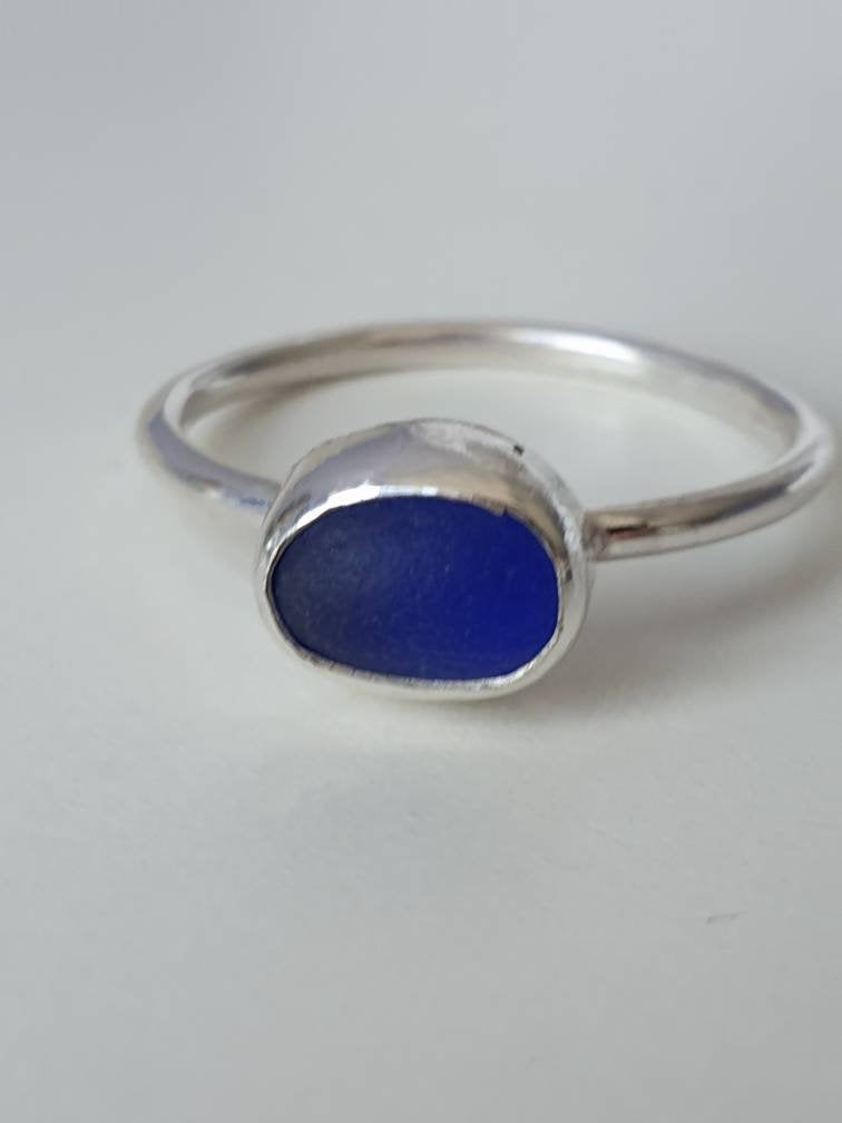 Sterling Silver Seaglass Ring, Colbolt Blue, Blue Seaglass, Seaglass Ring, Blue glass, Beach Jewellery