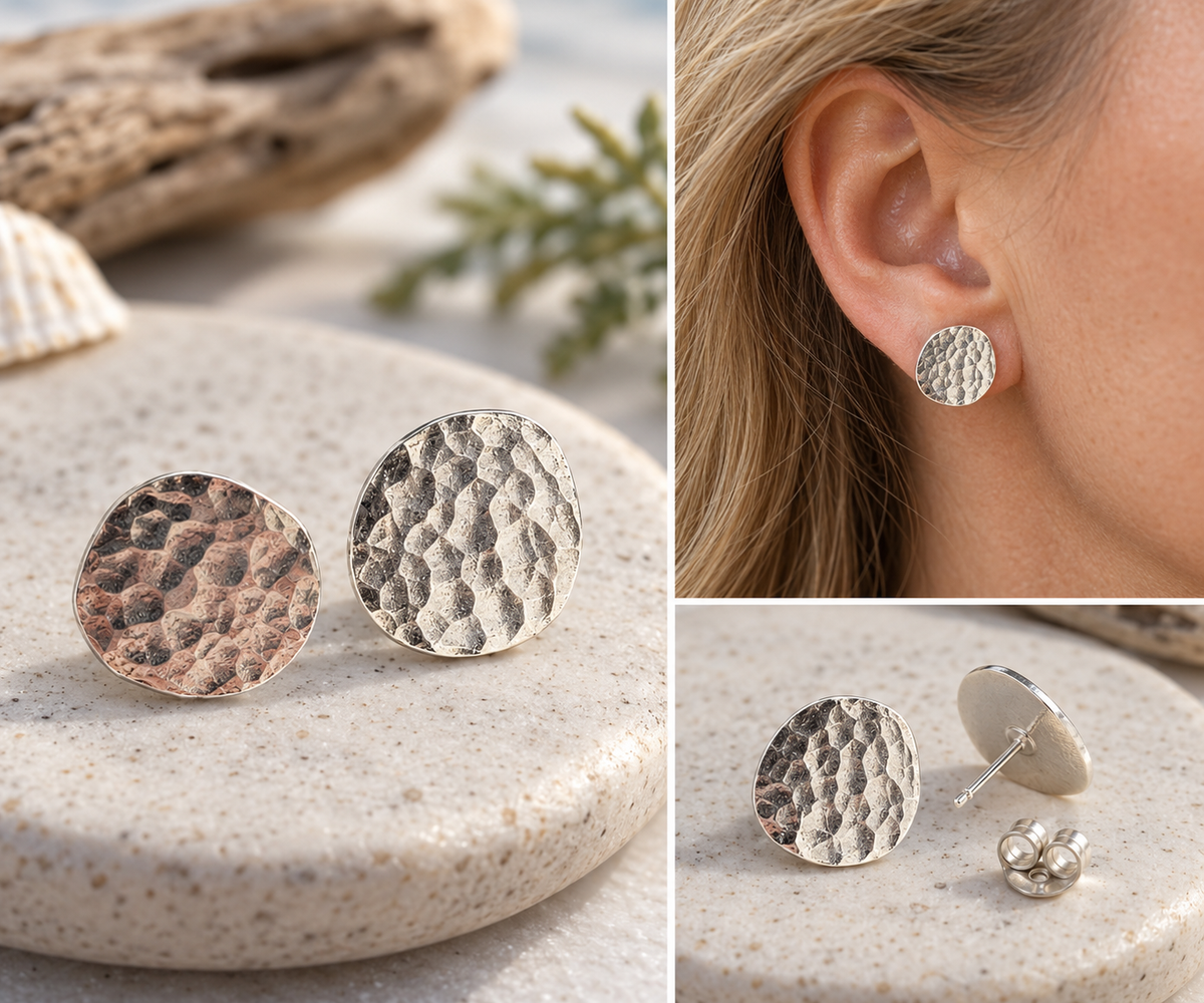 Sterling Silver Hammered Pebble Stud Earrings