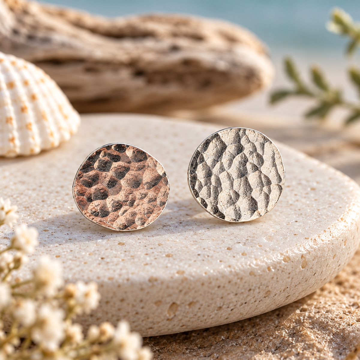 Sterling Silver Hammered Pebble Stud Earrings