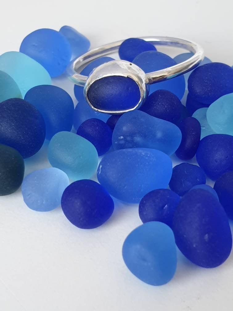 Sterling Silver Seaglass Ring, Colbolt Blue, Blue Seaglass, Seaglass Ring, Blue glass, Beach Jewellery
