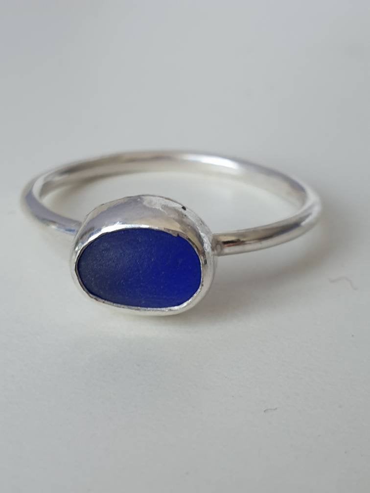 Sterling Silver Seaglass Ring, Colbolt Blue, Blue Seaglass, Seaglass Ring, Blue glass, Beach Jewellery