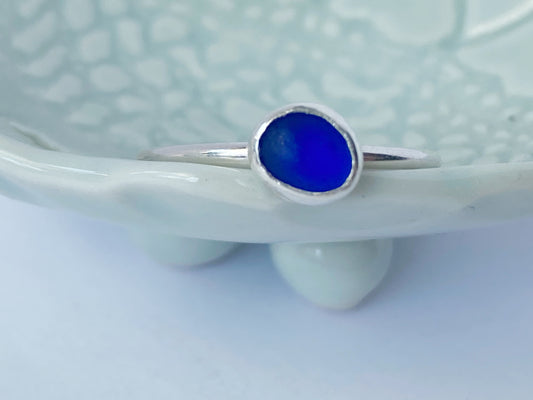 deep blue seaglass handmade ring